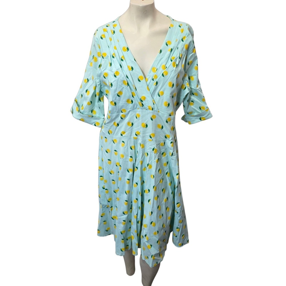 Unique Vintage Lemon Print Dress 3X 20 Blue Fit Flare Midi Retro Pinup Plus